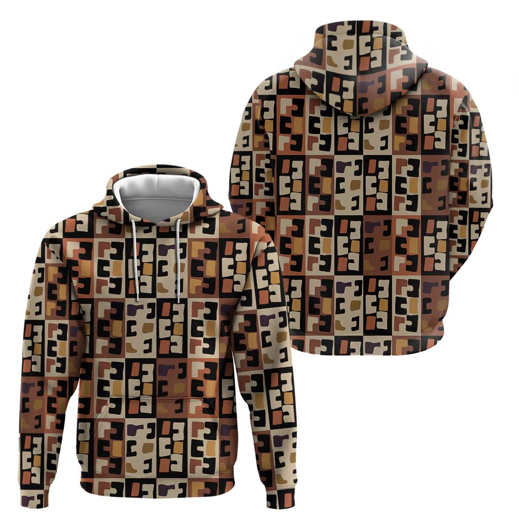 Kuba Flow Zip Hoodie with Geometric Tribal Blocks and Earth-Tone Mosaic Design - Wonder Print Shop