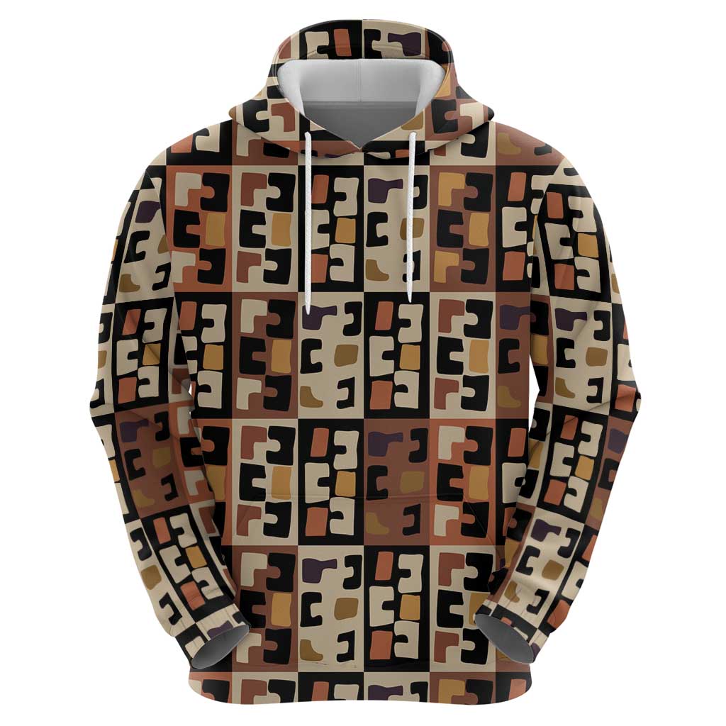 Kuba Flow Zip Hoodie with Geometric Tribal Blocks and Earth-Tone Mosaic Design - Wonder Print Shop