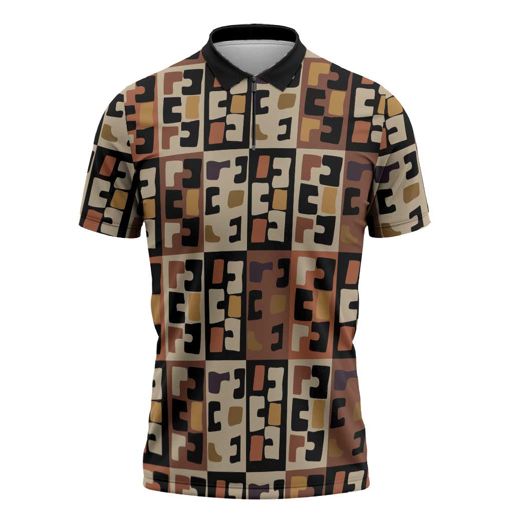 Kuba Flow Zipper Polo Shirt with Geometric Tribal Blocks and Earth-Tone Mosaic Design - Wonder Print Shop