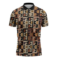 Kuba Flow Zipper Polo Shirt with Geometric Tribal Blocks and Earth-Tone Mosaic Design - Wonder Print Shop