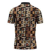 Kuba Flow Zipper Polo Shirt with Geometric Tribal Blocks and Earth-Tone Mosaic Design - Wonder Print Shop