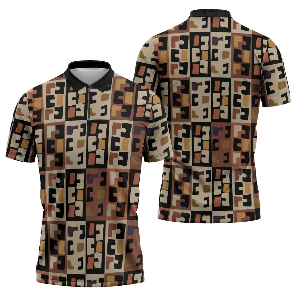 Kuba Flow Zipper Polo Shirt with Geometric Tribal Blocks and Earth-Tone Mosaic Design - Wonder Print Shop