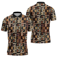 Kuba Flow Zipper Polo Shirt with Geometric Tribal Blocks and Earth-Tone Mosaic Design - Wonder Print Shop