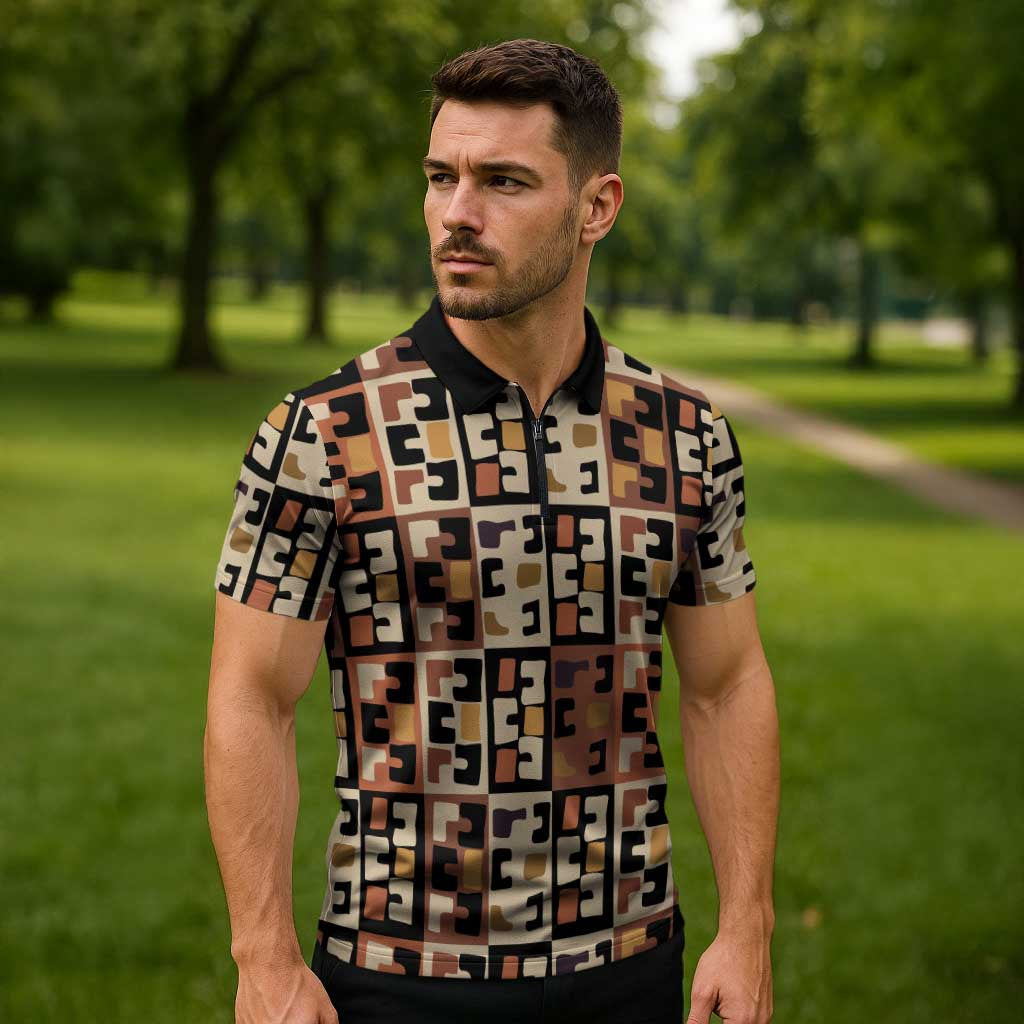 Kuba Flow Zipper Polo Shirt with Geometric Tribal Blocks and Earth-Tone Mosaic Design - Wonder Print Shop