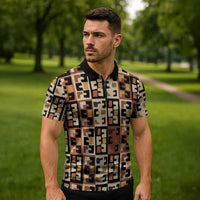 Kuba Flow Zipper Polo Shirt with Geometric Tribal Blocks and Earth-Tone Mosaic Design - Wonder Print Shop