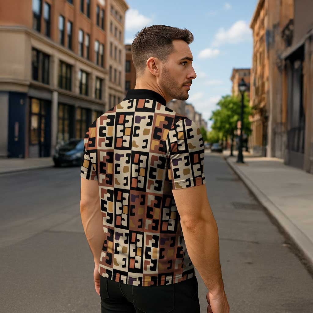 Kuba Flow Zipper Polo Shirt with Geometric Tribal Blocks and Earth-Tone Mosaic Design - Wonder Print Shop
