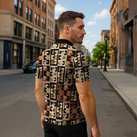 Kuba Flow Zipper Polo Shirt with Geometric Tribal Blocks and Earth-Tone Mosaic Design - Wonder Print Shop
