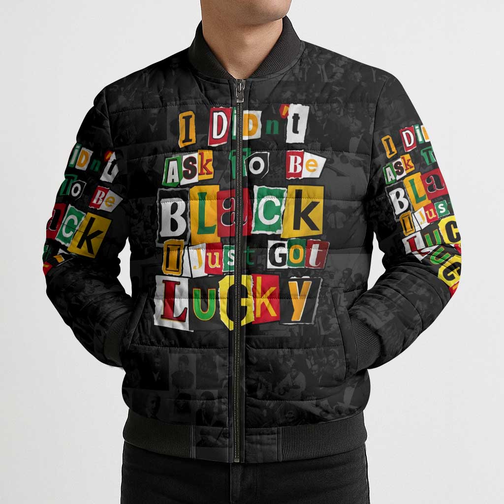 I Didn't Ask To Be Black I Just Got Lucky Magazine Cutout Bomber Puffer Jacket with Ancestral Portrait Collage Lettering - Wonder Print Shop
