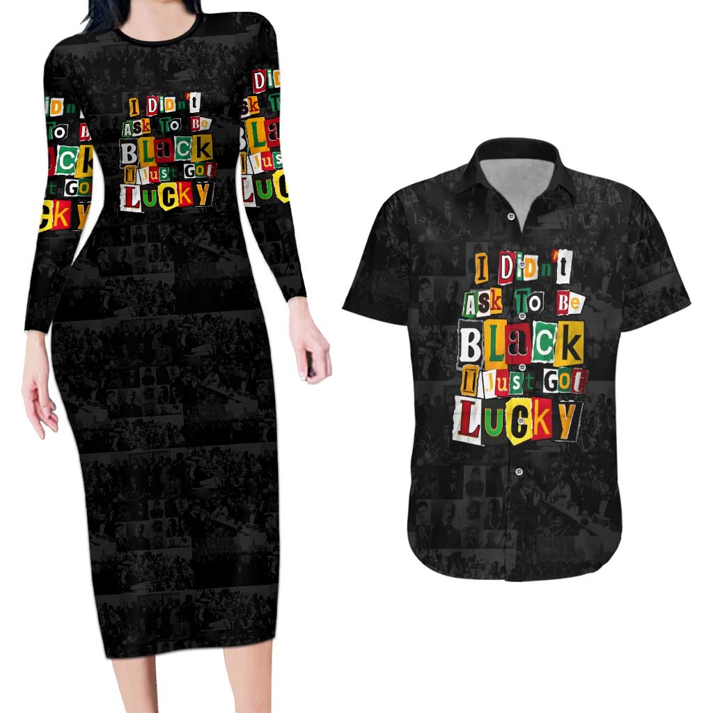I Didn't Ask To Be Black I Just Got Lucky Magazine Cutout Couples Matching Long Sleeve Bodycon Dress and Hawaiian Shirt with Ancestral Portrait Collage Lettering - Wonder Print Shop