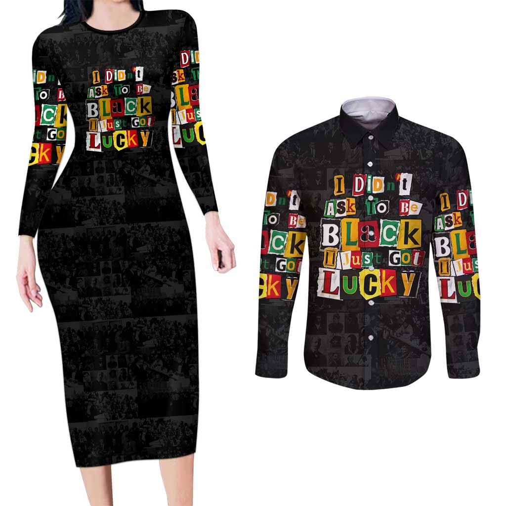 I Didn't Ask To Be Black I Just Got Lucky Magazine Cutout Couples Matching Long Sleeve Bodycon Dress and Long Sleeve Button Shirt with Ancestral Portrait Collage Lettering - Wonder Print Shop