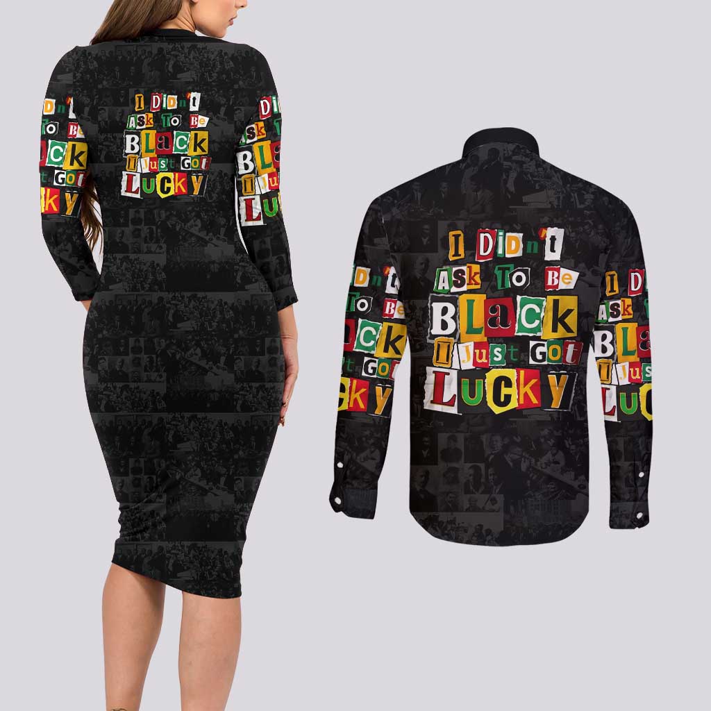 I Didn't Ask To Be Black I Just Got Lucky Magazine Cutout Couples Matching Long Sleeve Bodycon Dress and Long Sleeve Button Shirt with Ancestral Portrait Collage Lettering - Wonder Print Shop