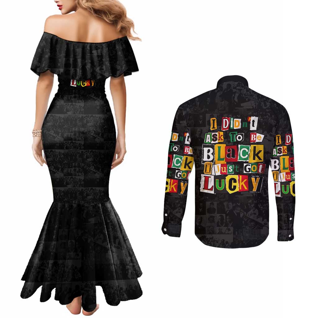 I Didn't Ask To Be Black I Just Got Lucky Magazine Cutout Couples Matching Mermaid Dress and Long Sleeve Button Shirt with Ancestral Portrait Collage Lettering - Wonder Print Shop
