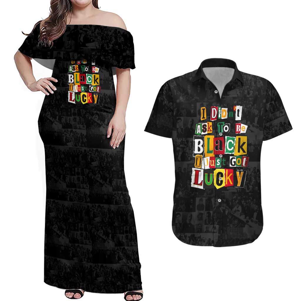 I Didn't Ask To Be Black I Just Got Lucky Magazine Cutout Couples Matching Off Shoulder Maxi Dress and Hawaiian Shirt with Ancestral Portrait Collage Lettering - Wonder Print Shop
