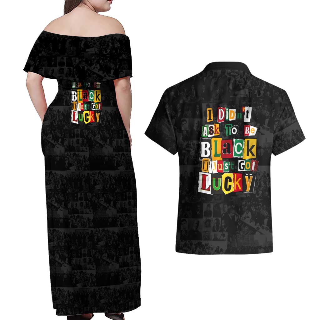 I Didn't Ask To Be Black I Just Got Lucky Magazine Cutout Couples Matching Off Shoulder Maxi Dress and Hawaiian Shirt with Ancestral Portrait Collage Lettering - Wonder Print Shop