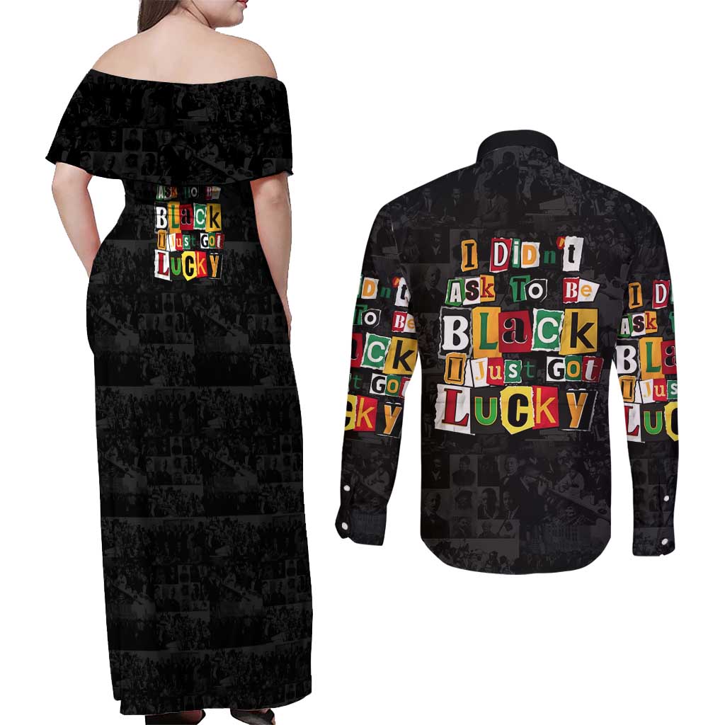 I Didn't Ask To Be Black I Just Got Lucky Magazine Cutout Couples Matching Off Shoulder Maxi Dress and Long Sleeve Button Shirt with Ancestral Portrait Collage Lettering - Wonder Print Shop