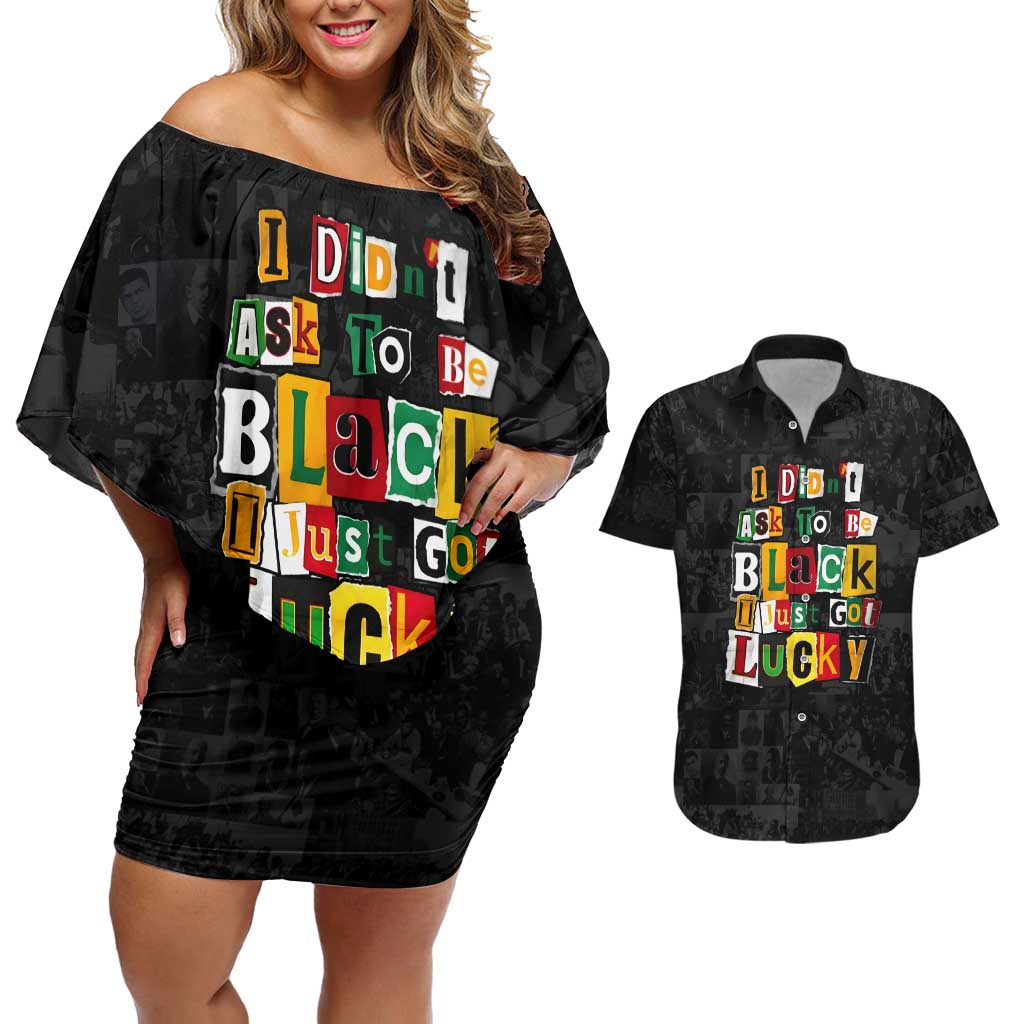 I Didn't Ask To Be Black I Just Got Lucky Magazine Cutout Couples Matching Off Shoulder Short Dress and Hawaiian Shirt with Ancestral Portrait Collage Lettering - Wonder Print Shop