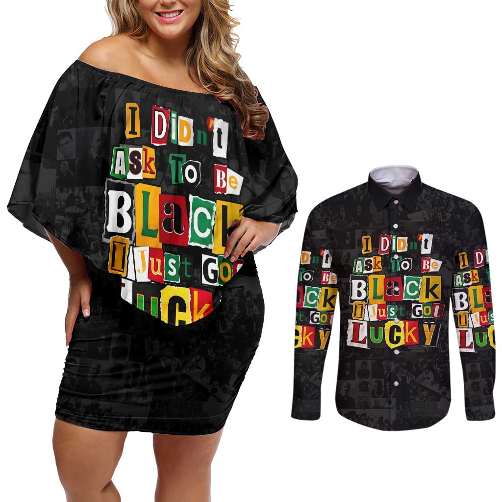I Didn't Ask To Be Black I Just Got Lucky Magazine Cutout Couples Matching Off Shoulder Short Dress and Long Sleeve Button Shirt with Ancestral Portrait Collage Lettering - Wonder Print Shop