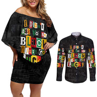 I Didn't Ask To Be Black I Just Got Lucky Magazine Cutout Couples Matching Off Shoulder Short Dress and Long Sleeve Button Shirt with Ancestral Portrait Collage Lettering - Wonder Print Shop