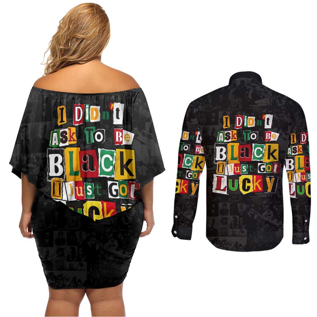 I Didn't Ask To Be Black I Just Got Lucky Magazine Cutout Couples Matching Off Shoulder Short Dress and Long Sleeve Button Shirt with Ancestral Portrait Collage Lettering - Wonder Print Shop