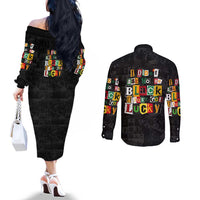 I Didn't Ask To Be Black I Just Got Lucky Magazine Cutout Couples Matching Off The Shoulder Long Sleeve Dress and Long Sleeve Button Shirt with Ancestral Portrait Collage Lettering - Wonder Print Shop