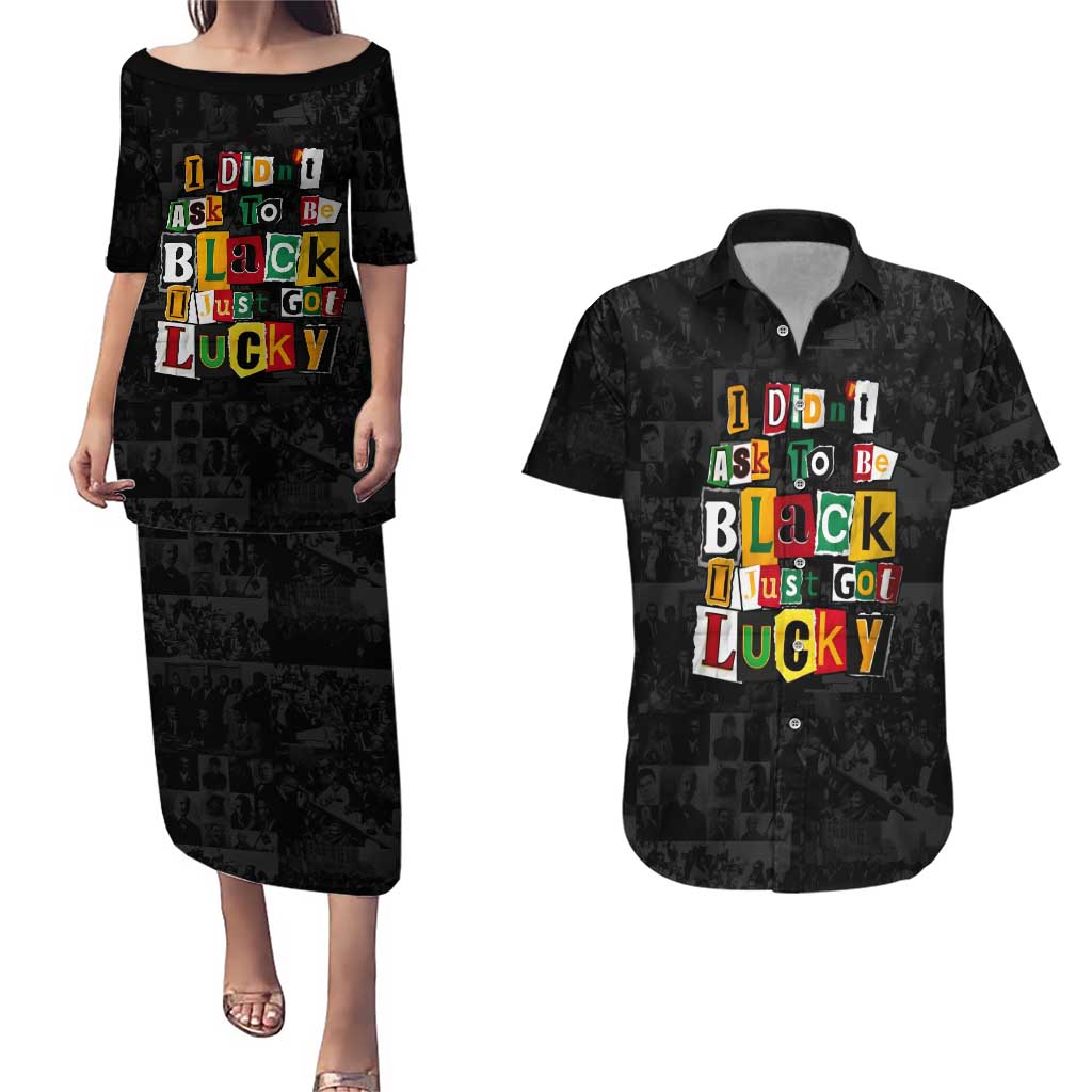 I Didn't Ask To Be Black I Just Got Lucky Magazine Cutout Couples Matching Puletasi and Hawaiian Shirt with Ancestral Portrait Collage Lettering - Wonder Print Shop