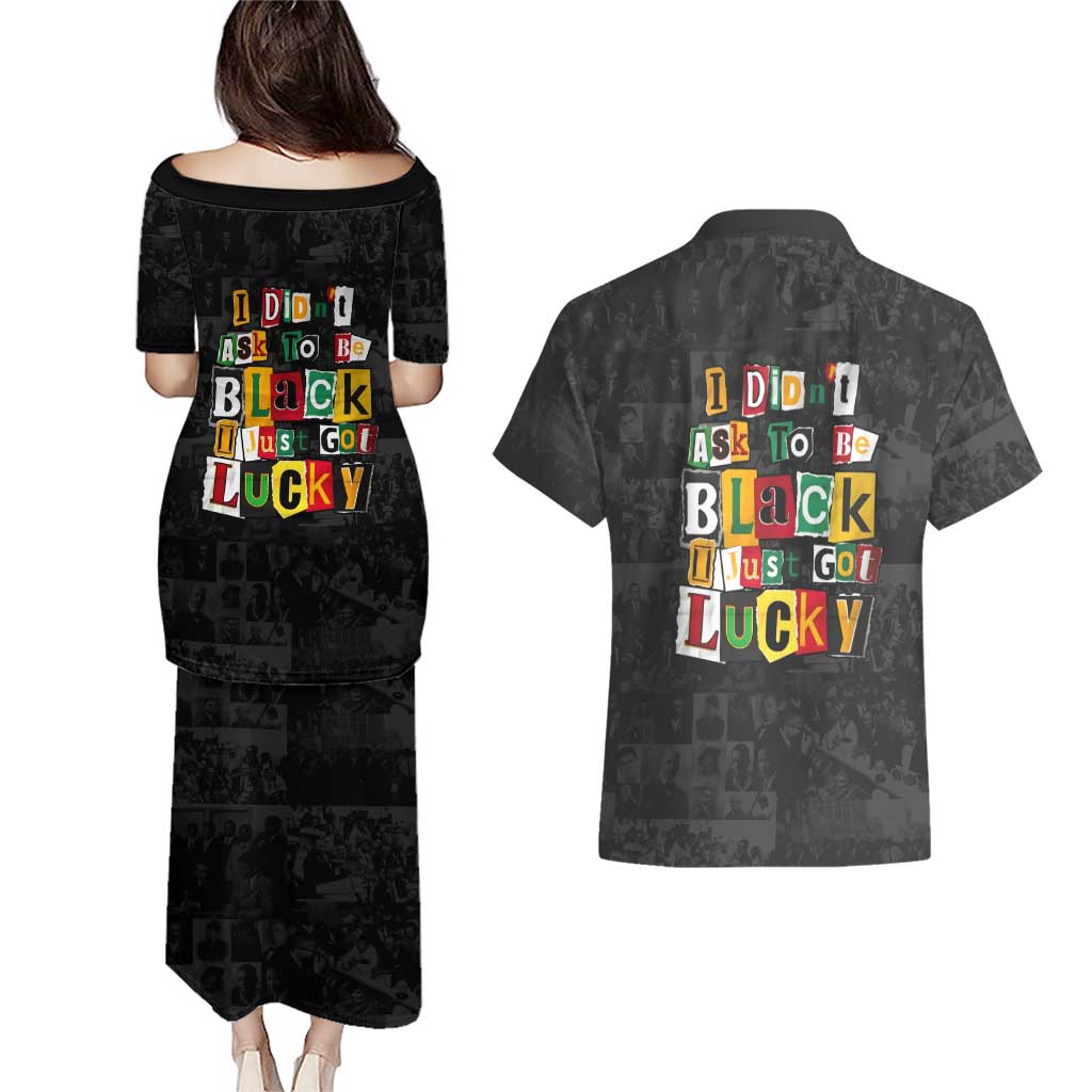 I Didn't Ask To Be Black I Just Got Lucky Magazine Cutout Couples Matching Puletasi and Hawaiian Shirt with Ancestral Portrait Collage Lettering - Wonder Print Shop