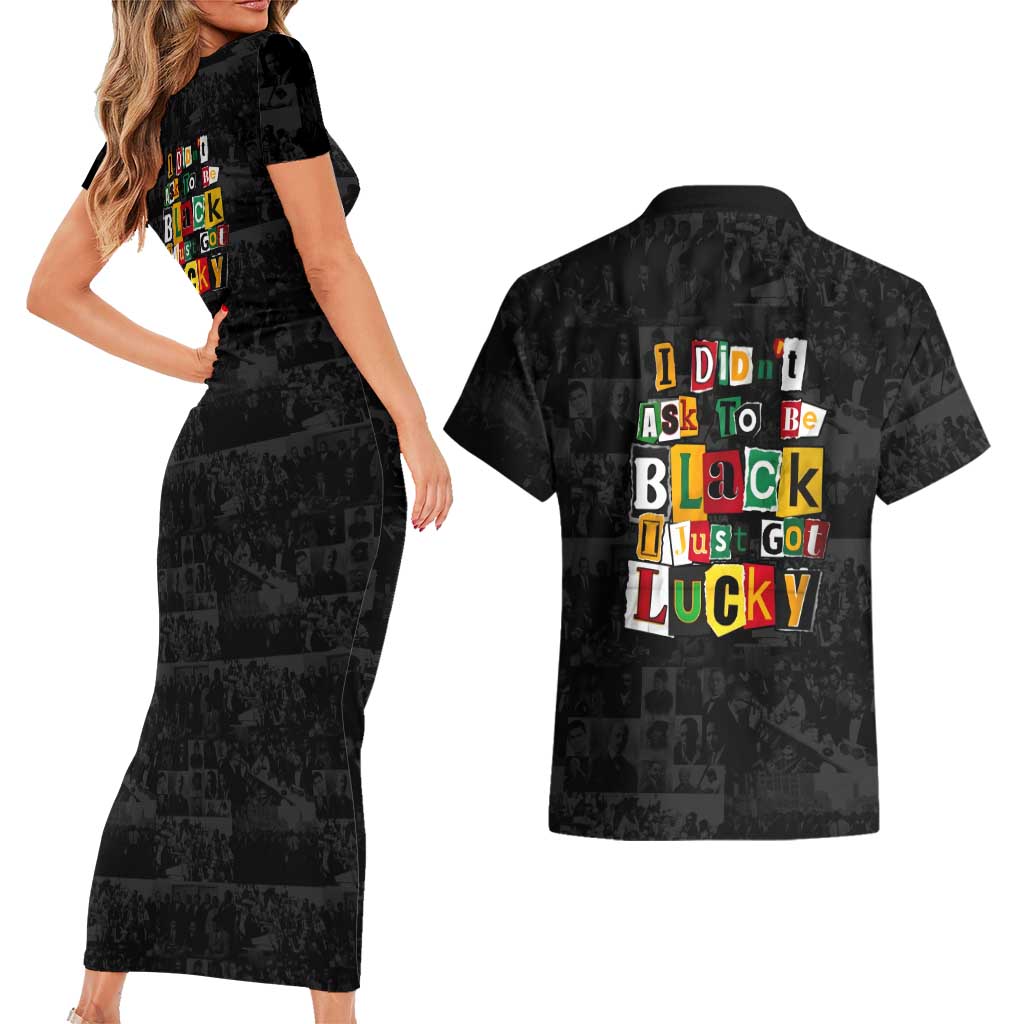 I Didn't Ask To Be Black I Just Got Lucky Magazine Cutout Couples Matching Short Sleeve Bodycon Dress and Hawaiian Shirt with Ancestral Portrait Collage Lettering - Wonder Print Shop