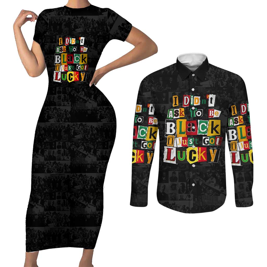 I Didn't Ask To Be Black I Just Got Lucky Magazine Cutout Couples Matching Short Sleeve Bodycon Dress and Long Sleeve Button Shirt with Ancestral Portrait Collage Lettering - Wonder Print Shop