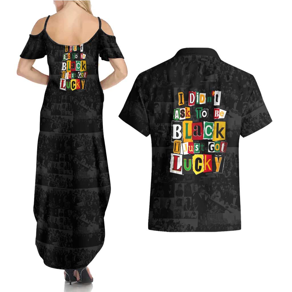 I Didn't Ask To Be Black I Just Got Lucky Magazine Cutout Couples Matching Summer Maxi Dress and Hawaiian Shirt with Ancestral Portrait Collage Lettering - Wonder Print Shop