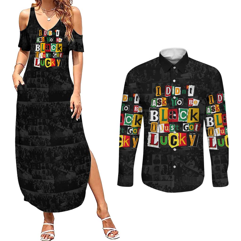 I Didn't Ask To Be Black I Just Got Lucky Magazine Cutout Couples Matching Summer Maxi Dress and Long Sleeve Button Shirt with Ancestral Portrait Collage Lettering - Wonder Print Shop