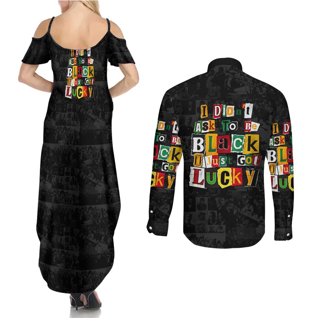 I Didn't Ask To Be Black I Just Got Lucky Magazine Cutout Couples Matching Summer Maxi Dress and Long Sleeve Button Shirt with Ancestral Portrait Collage Lettering - Wonder Print Shop