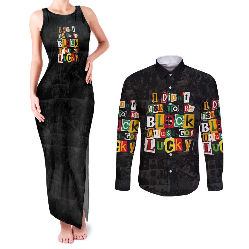 I Didn't Ask To Be Black I Just Got Lucky Magazine Cutout Couples Matching Tank Maxi Dress and Long Sleeve Button Shirt with Ancestral Portrait Collage Lettering - Wonder Print Shop