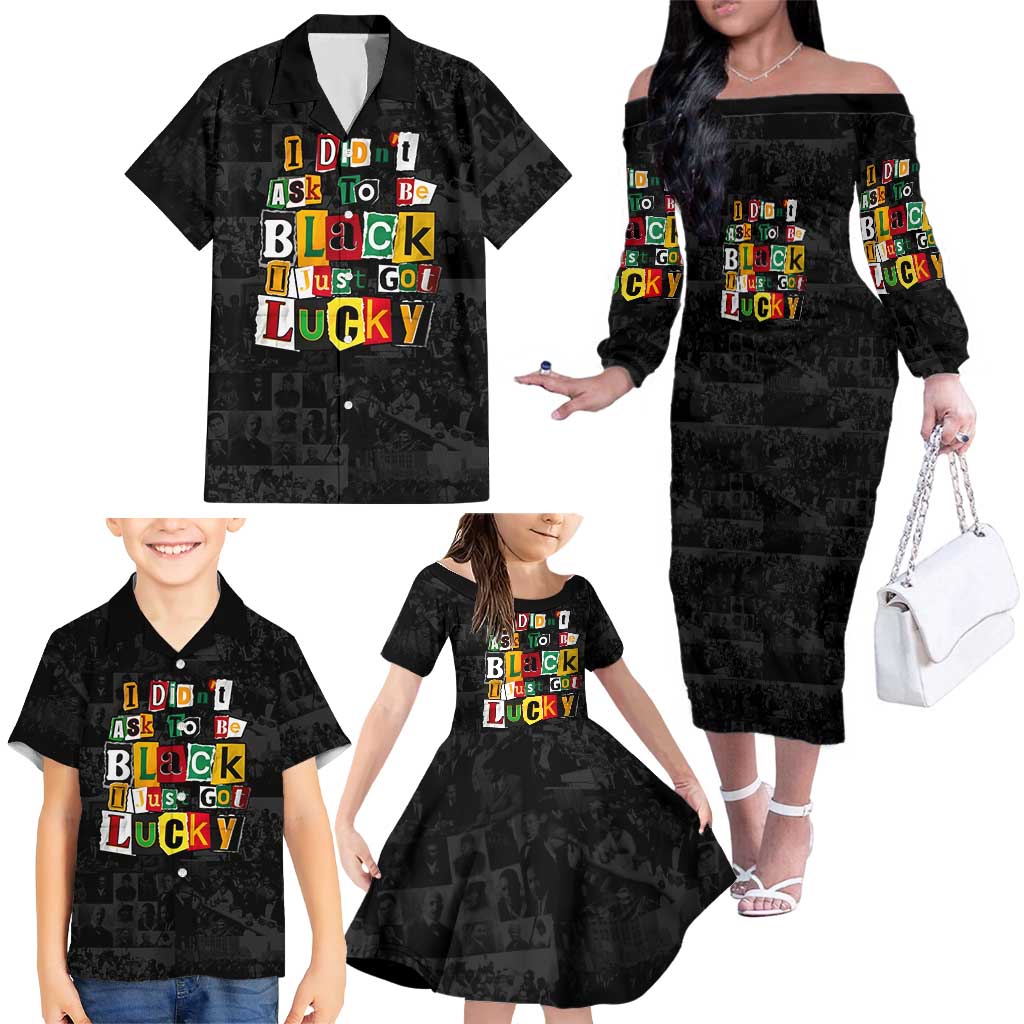 I Didn't Ask To Be Black I Just Got Lucky Magazine Cutout Family Matching Off The Shoulder Long Sleeve Dress and Hawaiian Shirt with Ancestral Portrait Collage Lettering - Wonder Print Shop