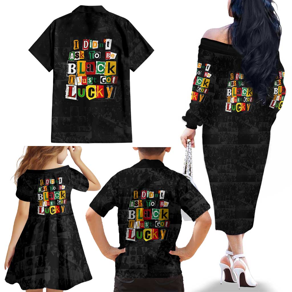 I Didn't Ask To Be Black I Just Got Lucky Magazine Cutout Family Matching Off The Shoulder Long Sleeve Dress and Hawaiian Shirt with Ancestral Portrait Collage Lettering - Wonder Print Shop