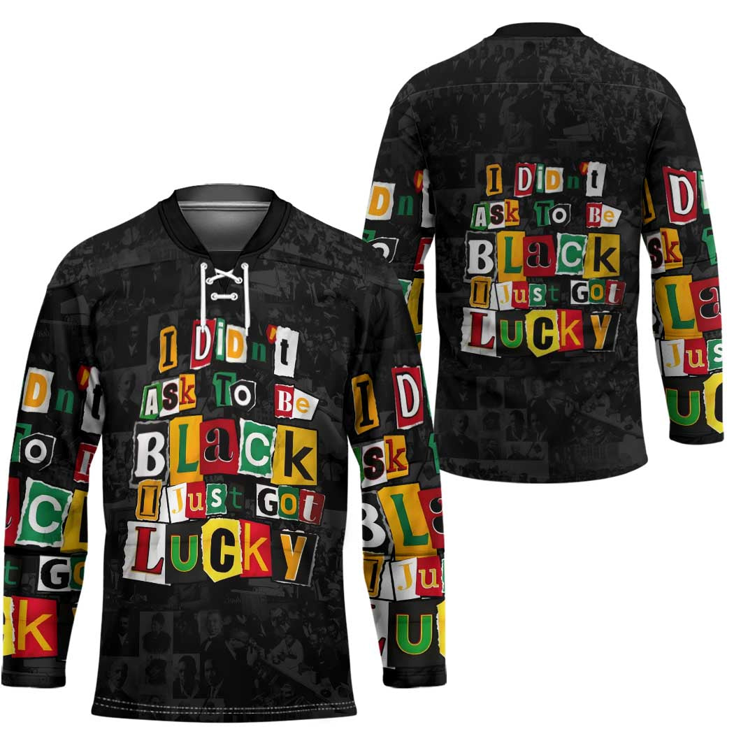 I Didn't Ask To Be Black I Just Got Lucky Magazine Cutout Hockey Jersey with Ancestral Portrait Collage Lettering - Wonder Print Shop