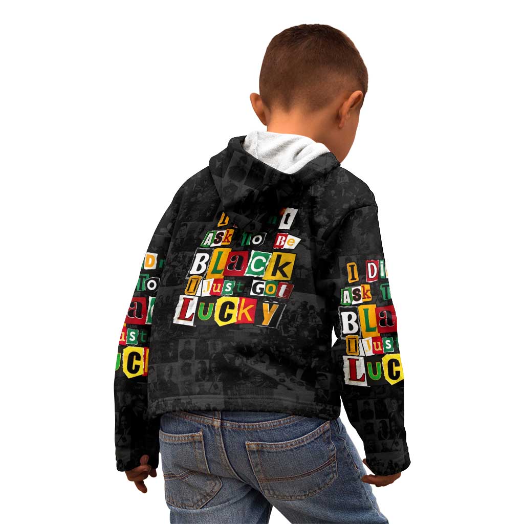 I Didn't Ask To Be Black I Just Got Lucky Magazine Cutout Kid Hoodie with Ancestral Portrait Collage Lettering - Wonder Print Shop