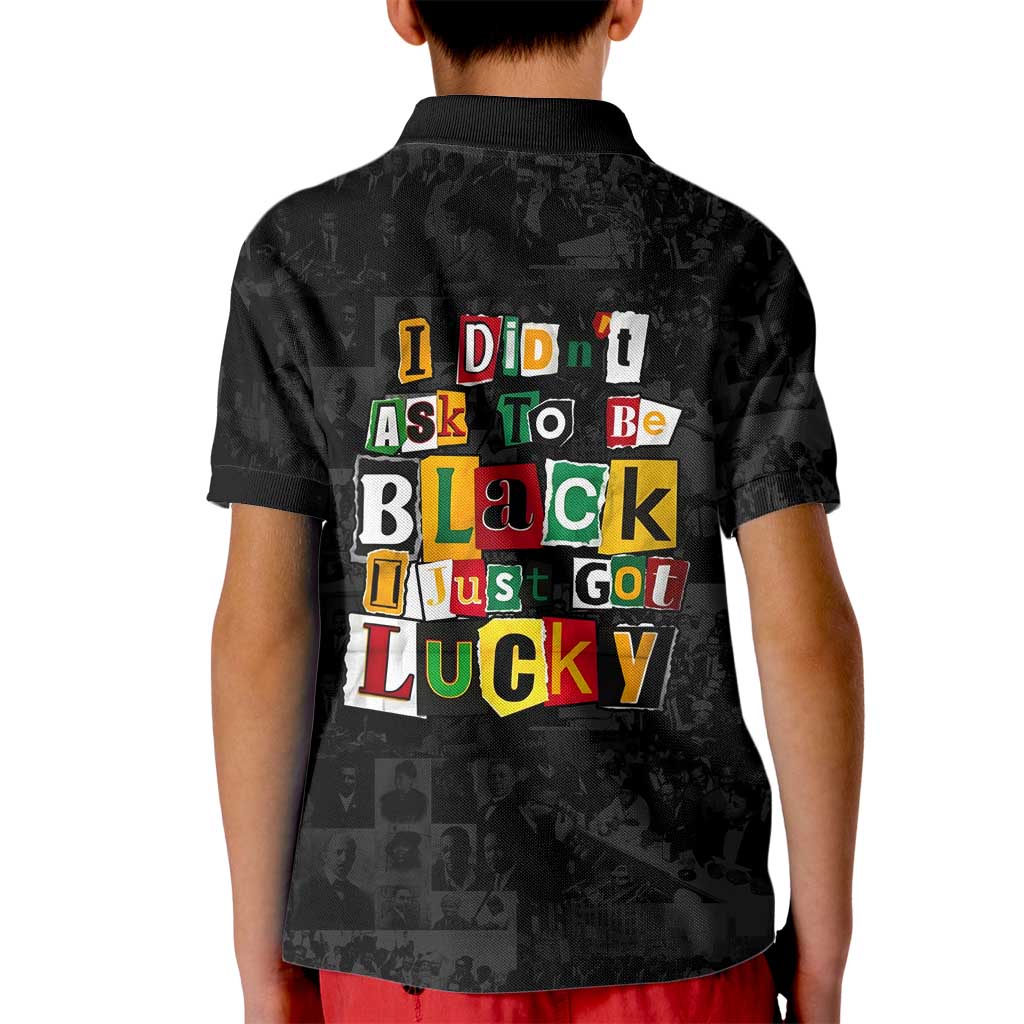 I Didn't Ask To Be Black I Just Got Lucky Magazine Cutout Kid Polo Shirt with Ancestral Portrait Collage Lettering - Wonder Print Shop