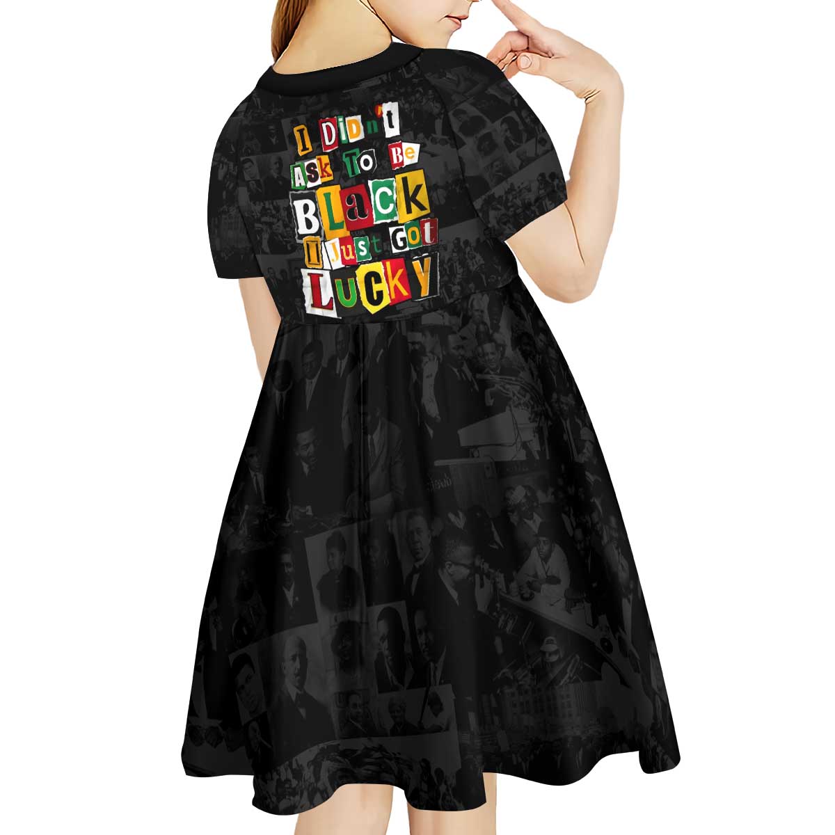 I Didn't Ask To Be Black I Just Got Lucky Magazine Cutout Kid Short Sleeve Dress with Ancestral Portrait Collage Lettering - Wonder Print Shop