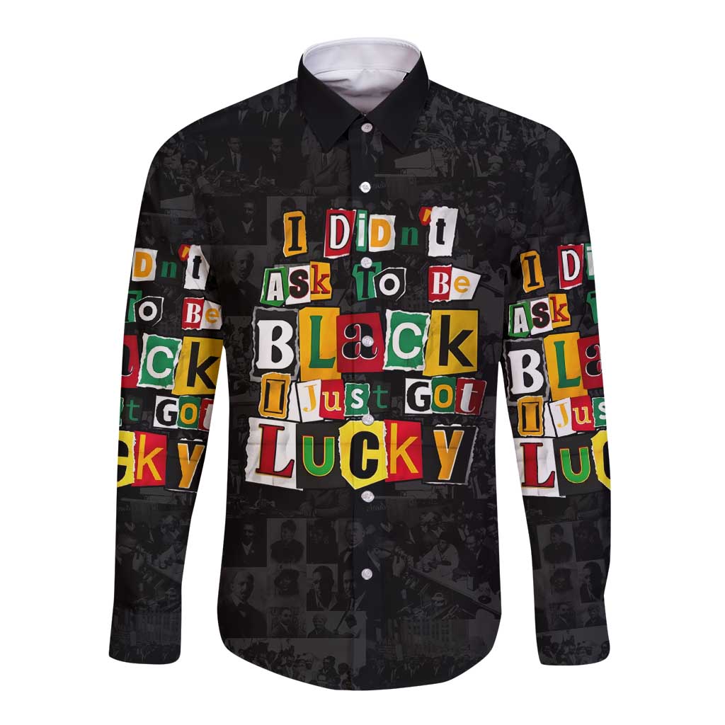 I Didn't Ask To Be Black I Just Got Lucky Magazine Cutout Long Sleeve Button Shirt with Ancestral Portrait Collage Lettering - Wonder Print Shop