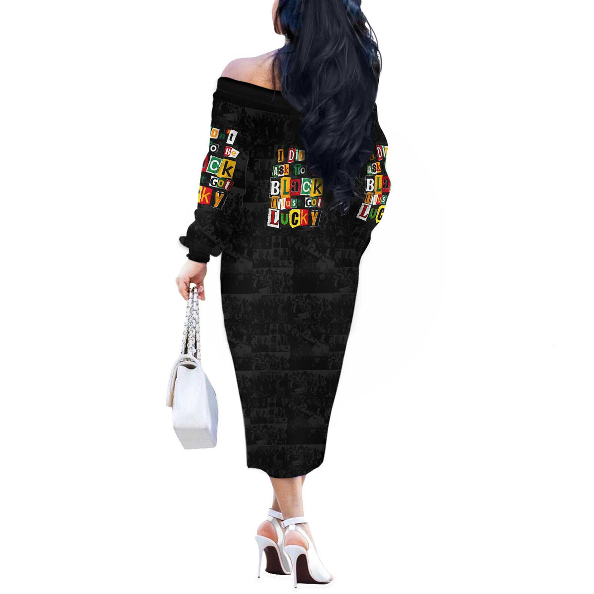 I Didn't Ask To Be Black I Just Got Lucky Magazine Cutout Off The Shoulder Long Sleeve Dress with Ancestral Portrait Collage Lettering - Wonder Print Shop