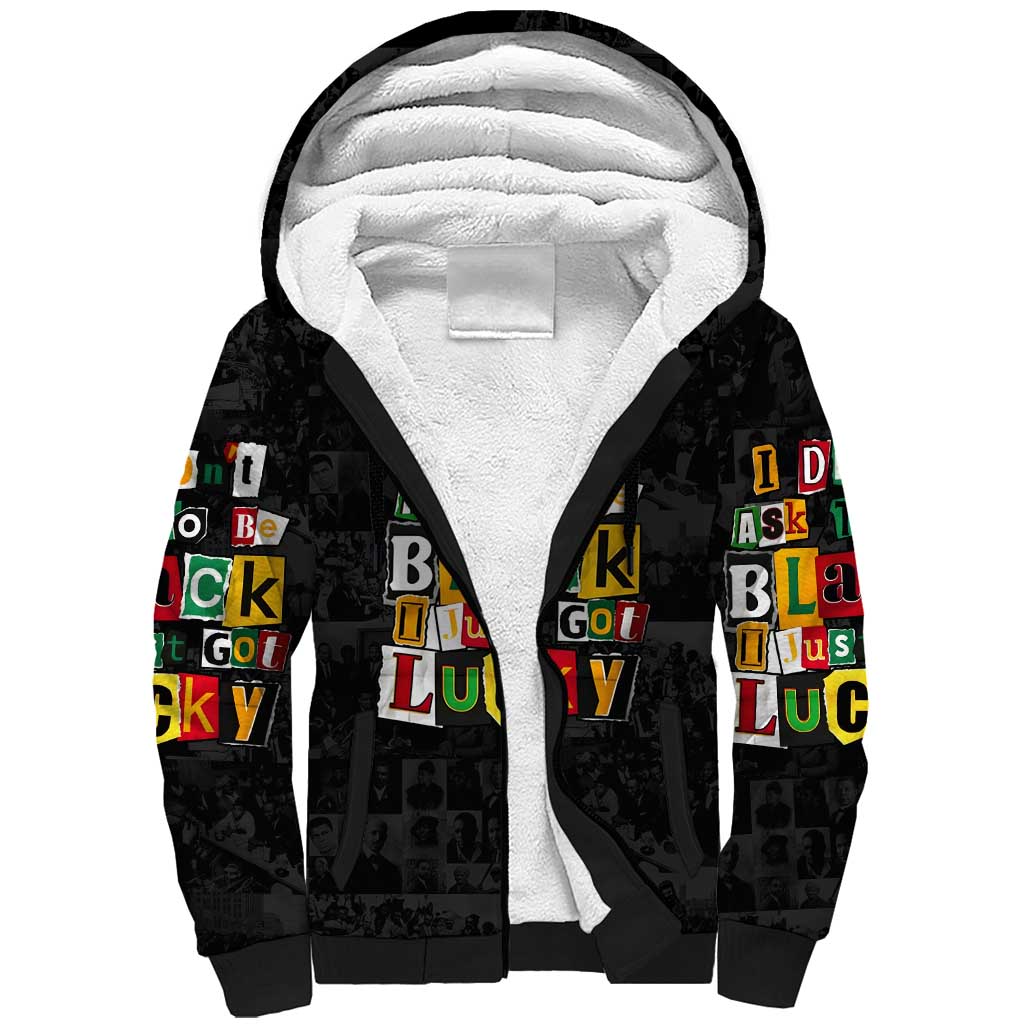 I Didn't Ask To Be Black I Just Got Lucky Magazine Cutout Sherpa Hoodie with Ancestral Portrait Collage Lettering - Wonder Print Shop