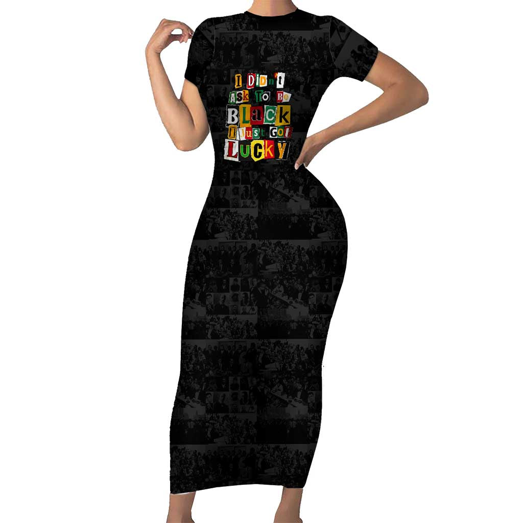 I Didn't Ask To Be Black I Just Got Lucky Magazine Cutout Short Sleeve Bodycon Dress with Ancestral Portrait Collage Lettering - Wonder Print Shop