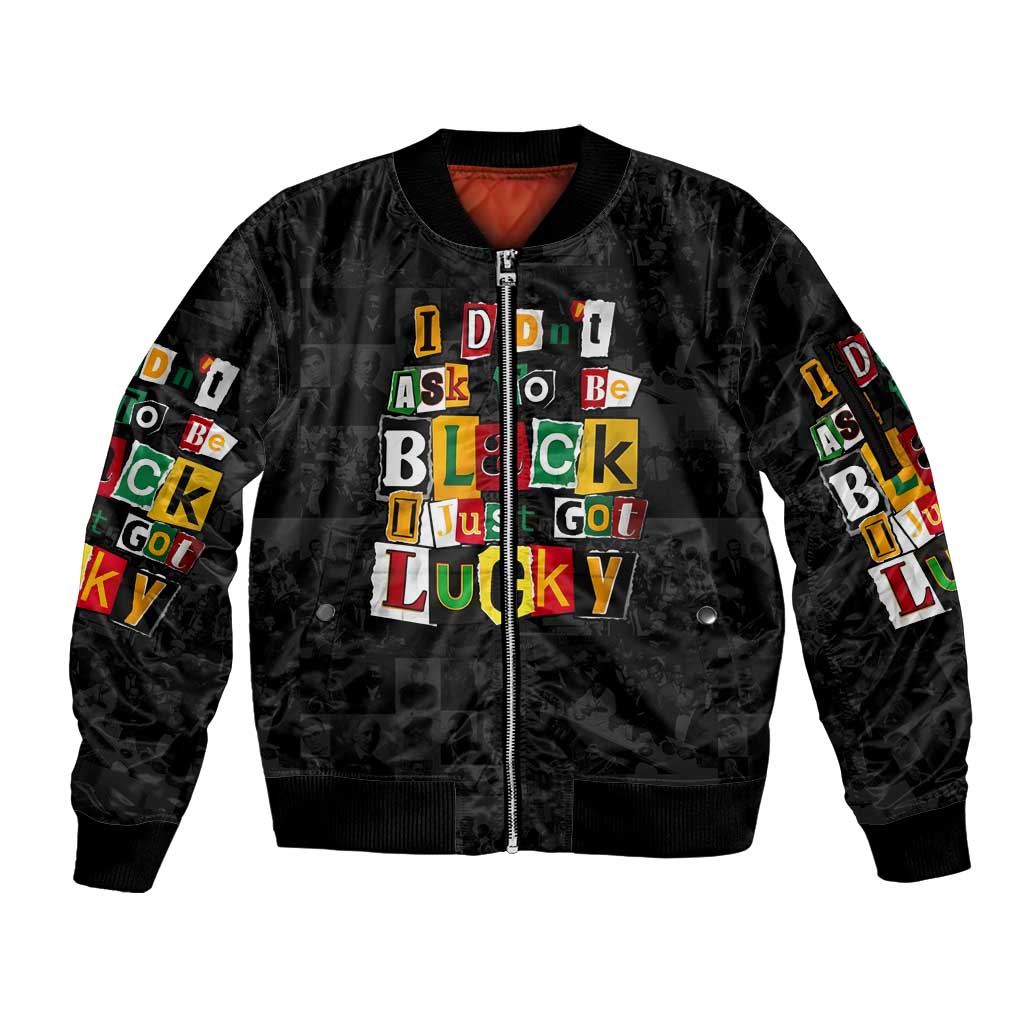 I Didn't Ask To Be Black I Just Got Lucky Magazine Cutout Sleeve Zip Bomber Jacket with Ancestral Portrait Collage Lettering - Wonder Print Shop