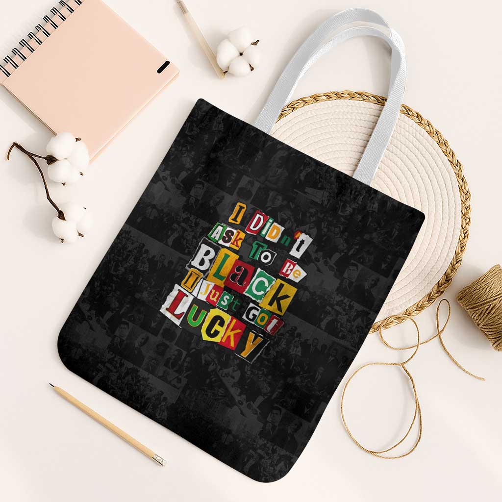 I Didn't Ask To Be Black I Just Got Lucky Magazine Cutout Tote Bag with Ancestral Portrait Collage Lettering - Wonder Print Shop