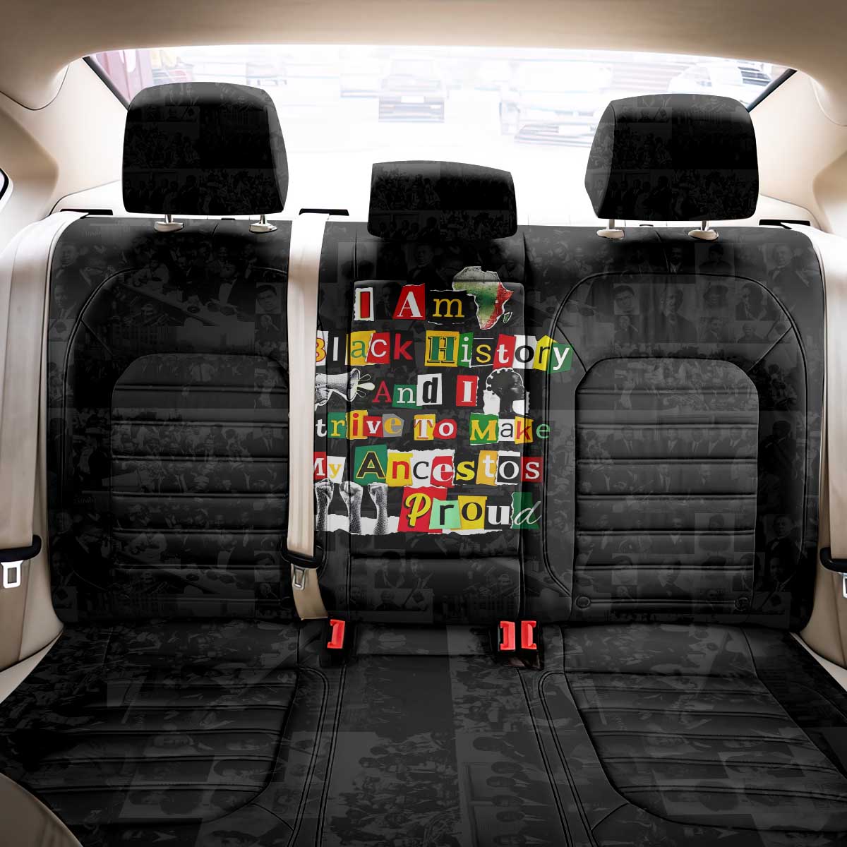 I Am Black History And I Strive To Make My Ancestor Proud Back Car Seat Cover with Ancestral Collage Background and Afrocentric Lettering - Wonder Print Shop