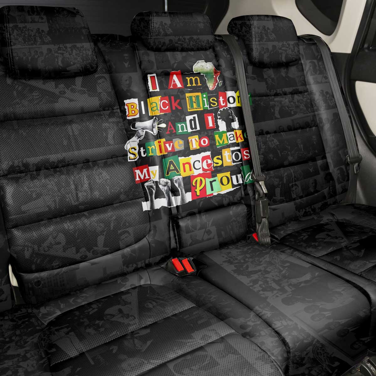 I Am Black History And I Strive To Make My Ancestor Proud Back Car Seat Cover with Ancestral Collage Background and Afrocentric Lettering - Wonder Print Shop