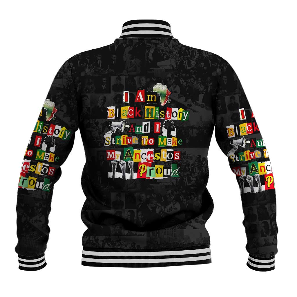 I Am Black History And I Strive To Make My Ancestor Proud Baseball Jacket with Ancestral Collage Background and Afrocentric Lettering - Wonder Print Shop