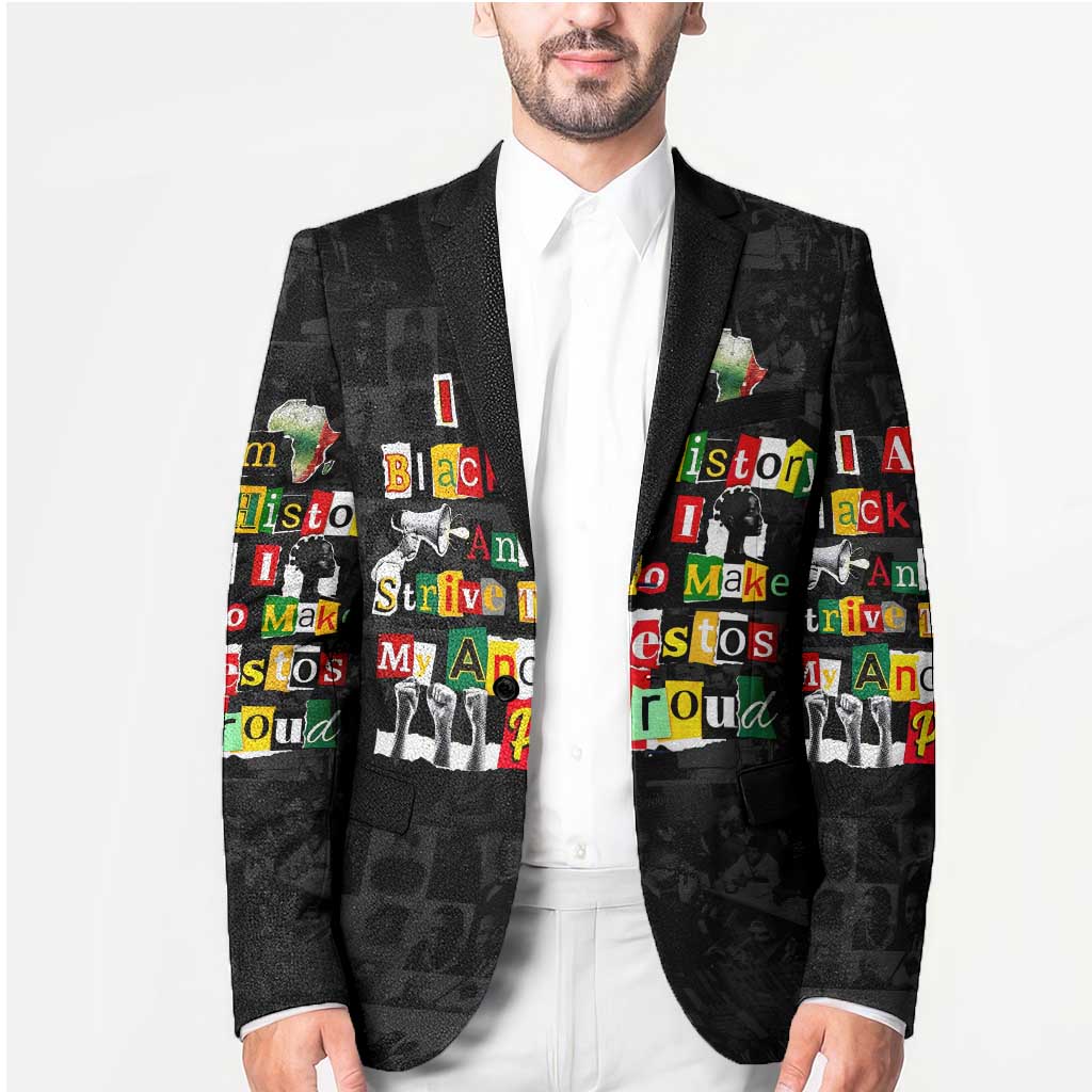 I Am Black History And I Strive To Make My Ancestor Proud Blazer with Ancestral Collage Background and Afrocentric Lettering - Wonder Print Shop