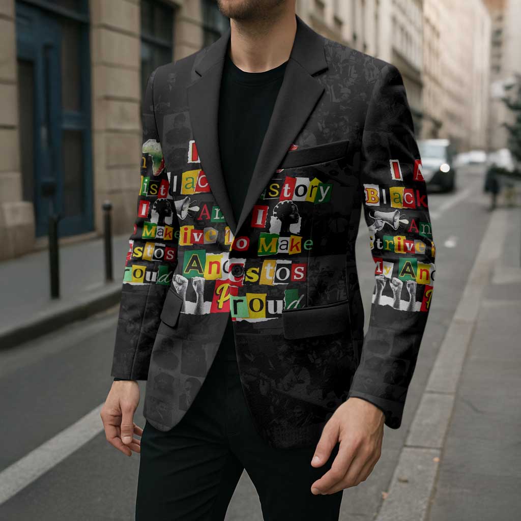 I Am Black History And I Strive To Make My Ancestor Proud Blazer with Ancestral Collage Background and Afrocentric Lettering - Wonder Print Shop