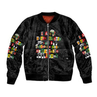 I Am Black History And I Strive To Make My Ancestor Proud Bomber Jacket with Ancestral Collage Background and Afrocentric Lettering - Wonder Print Shop